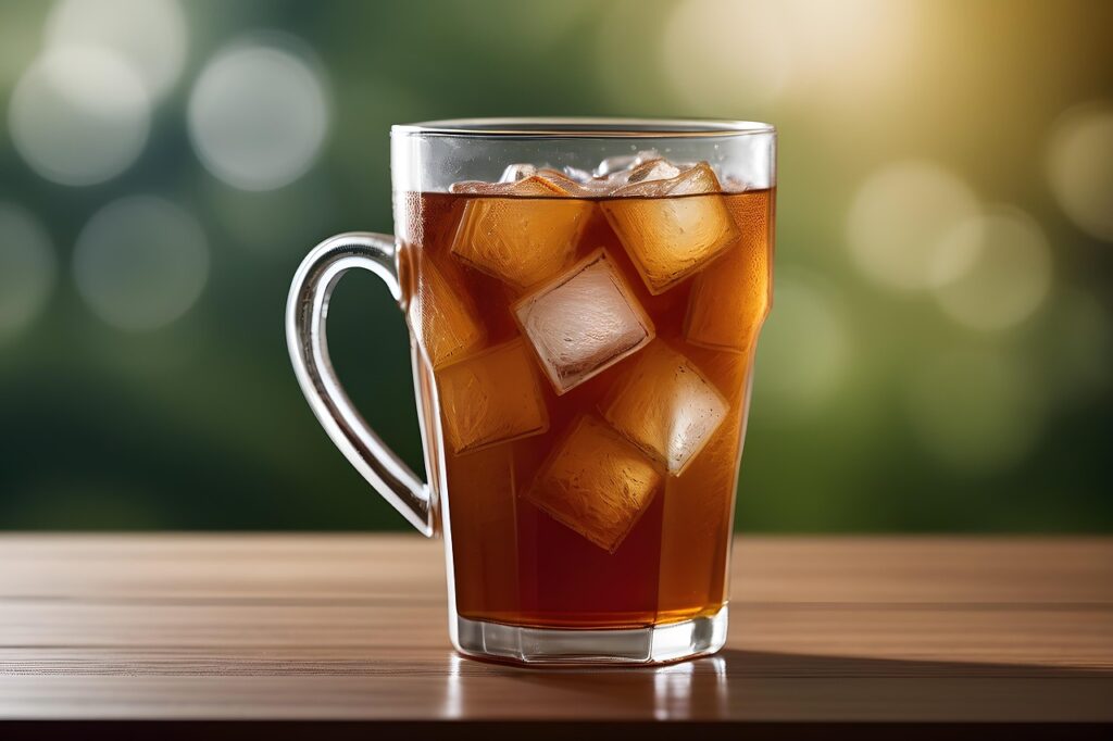 Clear glass of iced beverage