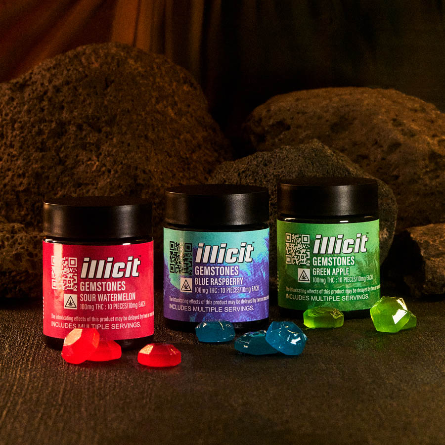 three jars of ILLKICIT Gemstones ahrd candy cannabis edibles